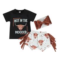 Toddler Baby Girl Clothes Letter Short Sleeve T-Shirt Top + Tassel Shorts Outfits + Headband 3Pcs Set