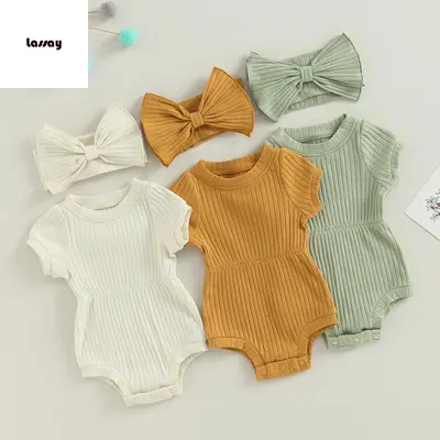 Baby Girl 2 Piece Outfits Solid Color Short Sleeve Romper with Bow Headband Set Summer Clothes