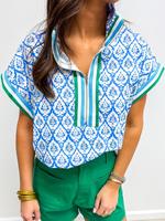 Women's Colorblock Print Zipper Half Placket Crop Blouse, Casual Elegant Long Sleeve Collared Top for Daily Wear, Ladies Clot...