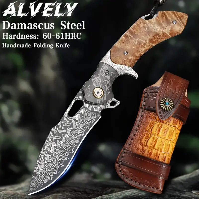 ALVELY Handmade Damascus Steel Folding Pocket Knife with Leather Sheath, White Shadow Wood Handle, Outdoor Camping EDC Knife,...