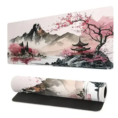 Cherry Blossom Pattern Gaming Mouse Pad, 1 Count Extended Keyboard Mouse Pad With Non-slip Base, Durable Stitched Edge Desk ...