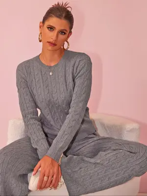 Women's Solid Color Long Sleeve Sweater & Straight Leg Pants, Casual Fashion Cozy Knitwear Set for Daily Outdoor Wear, Women'...