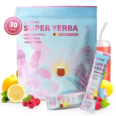 ZOOONE Super Yerba Yerba Mate Instant Tea Powder RASPBERRY LEMONADE Flavor 30 Servings with Ashwagandha Vitamin D3 & Magnesiu...