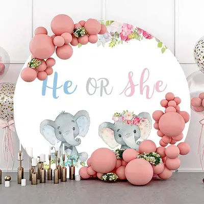 Aperturee Circle He Or She Round Elephant Baby Shower Backdrop | Round Backdrop Stand Covers | Circle Party Backdrop | Custom...