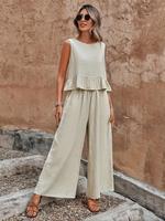 Women's Solid Ruffle Hem Sleeveless Tank Top & Elastic Waist Wide Leg Pants Set, Minimalist Casual Fake Buttons Round Neck To...