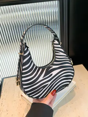 Women's Fashion Leopard/Zebra Stripe Pattern Half Moon Bag, Y2K Trendy Hobo Bag, Casual Versatile Handbag, Trendy All-match ...