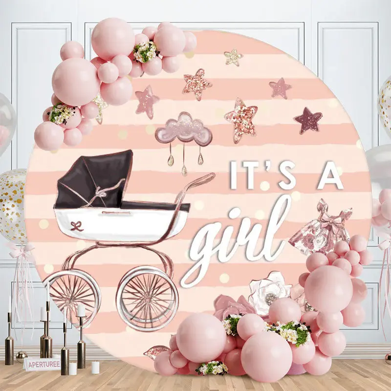 Aperturee Pink Glitter Floral And Cart Round Baby Shower Backdrop