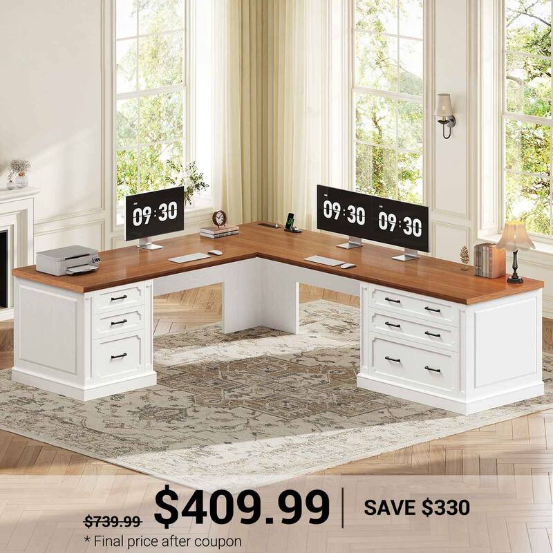 SEDETA | 78.7 Inch Corner Wood Computer Desk Farmhouse L Shaped Executive Desk with Power Outlet 6 Storage File Drawers Brown...