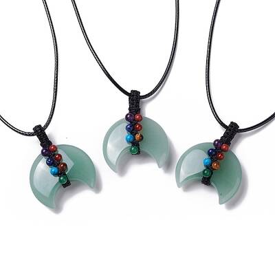 Adjustable Natural Green Aventurine Double Horn Pendant Necklace with Wax Cord for Women