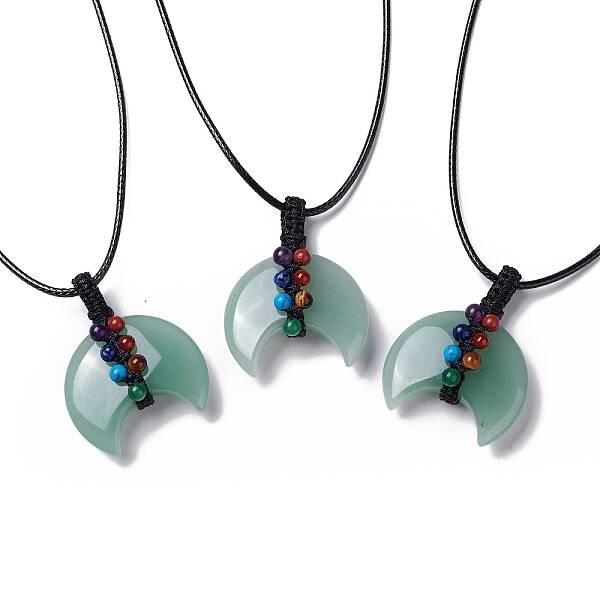 Adjustable Natural Green Aventurine Double Horn Pendant Necklace with Wax Cord for Women