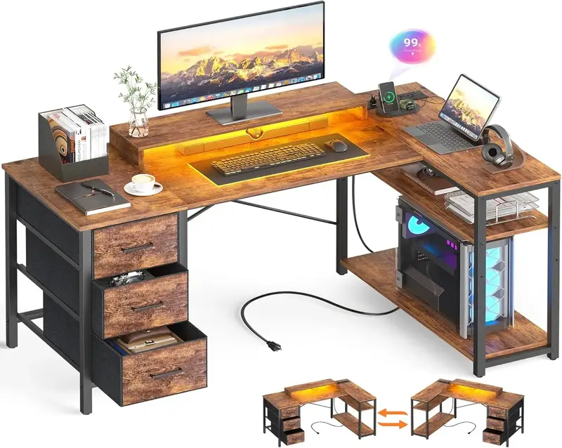 53 Inch Gaming Desk with Power Outlets & LED Lights, Reversible L Shaped Computer Desk with 3 Drawers & Monitor Stand