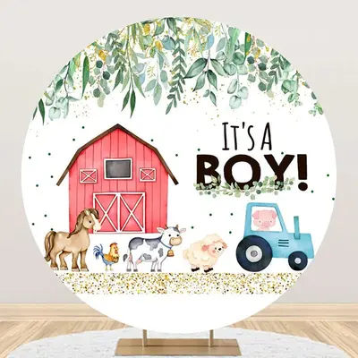 Farm Animals Leaf Round Baby Shower Backdrop For Boy - Aperturee
