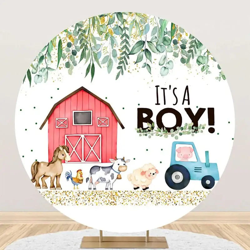 Farm Animals Leaf Round Baby Shower Backdrop For Boy - Aperturee