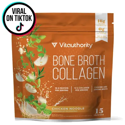 Vitauthority Bone Broth Collagen Supplement Delicious Chicken Noodle Flavored - 16g Protein & Types I II III - Nourishes Skin...