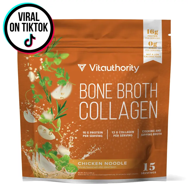 Vitauthority Bone Broth Collagen Supplement Delicious Chicken Noodle Flavored - 16g Protein & Types I II III - Nourishes Skin...