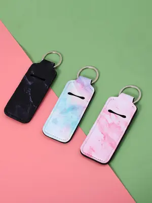3pcs/set Casual Marble Textured Chapstick Holder Keychain, Spring New Trendy Bag Accessories for Women & Girls, Daily Clothin...