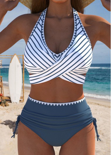 Modlily High Waisted Striped Dusty Blue Bikini Set - XXL