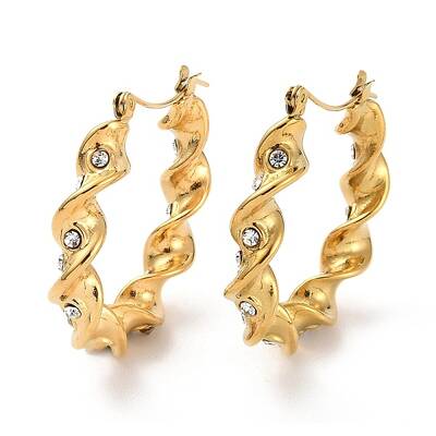 Ion Plating(IP) 304 Stainless Steel Twist Round Hoop Earrings with Rhinestones for Women