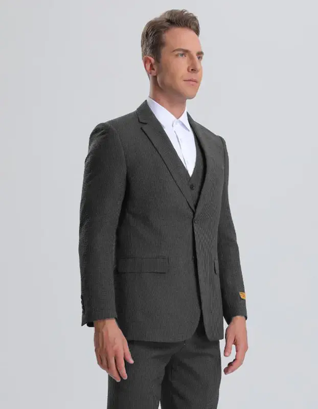 Kentucky Derby Seersucker Suits For Men - Big and Tall Seersucker Suit Mens Vested Summer Seersucker Suit in Black on Black P...