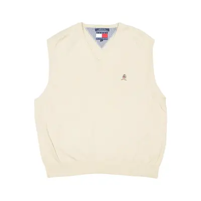 TOMMY HILFIGER Vest Cream Tight Knit V-Neck Sleeveless Mens L