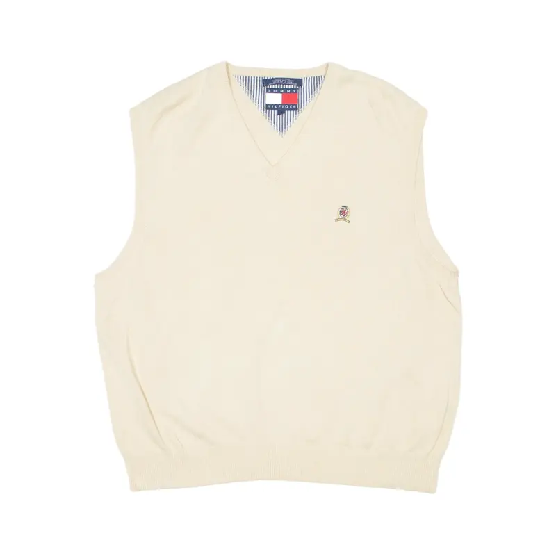 TOMMY HILFIGER Vest Cream Tight Knit V-Neck Sleeveless Mens L