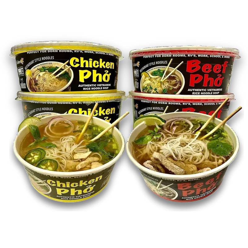 Pholicious Instant Pho Variety Pack - 4 Count Combo Box with 2 Chicken & 2 Beef, 3.6 Ounce Bowls, Authentic Flavor, Made with...
