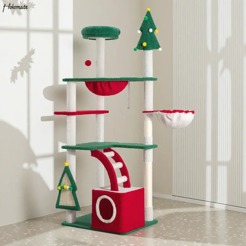 Allewie Christmas Tree Cat Tower for Indoor Cats - 48/63/67 Inch Holiday Themed Cat Activity Center with Plush Perch & Condo,...