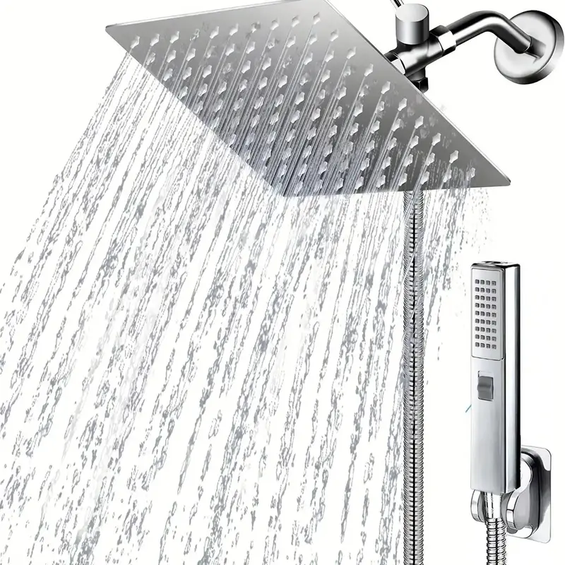 Rain Shower Head Set, 1 Set 8-inch High Pressure Shower Head with Handheld Shower Head & Hose & Holder, Bathroom Shower Equip...