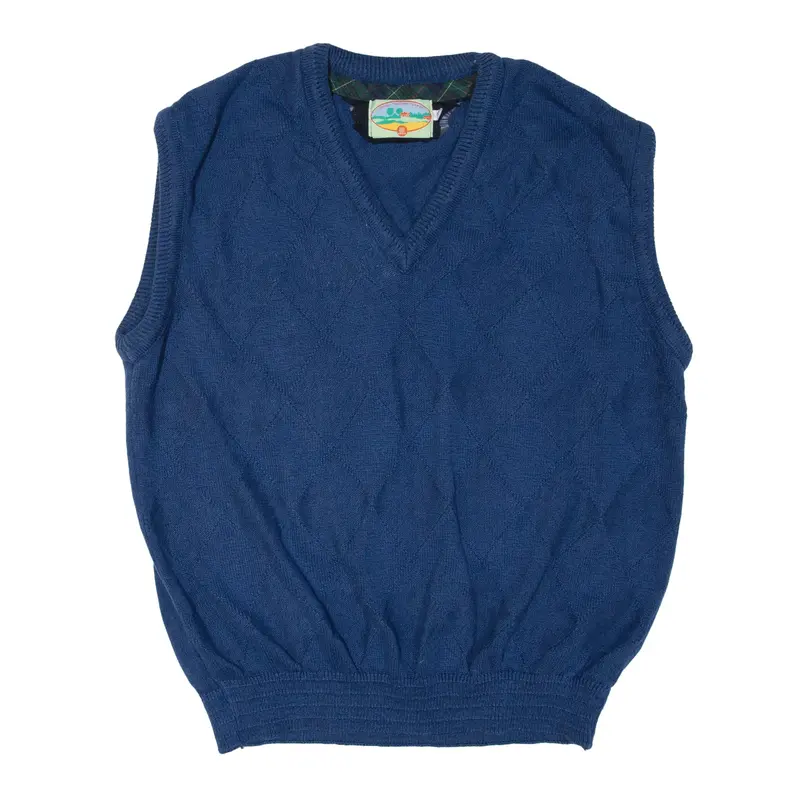 HYVAN TUOTTEEN TUNNUS Vest Blue 90s Argyle Chunky Knit V-Neck Sleeveless Mens XL