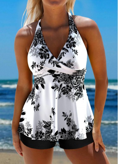 Modlily Criss Cross Floral Print White Tankini Top - XXL