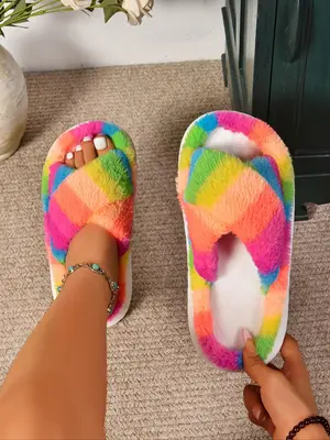 Women's Color-block Criss Cross Open Toe Fluffy Slippers, Casual Soft Comfortable Non-slip Home Slippers, Warm Footwear for I...