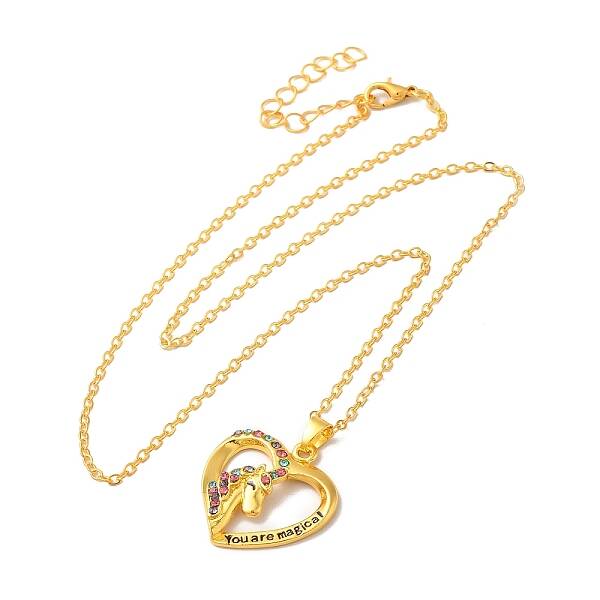 Colorful Rhinestone Heart with Unicorn Pandant Necklace with Cable Chains