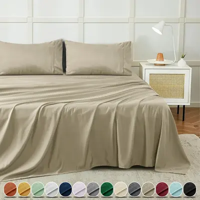 4 Piece Bed Sheets Set With Deep Pocket Fitted, Flat Sheet and Pillowcases Cooling Bedding Set Twin Full Queen King Sizes Sof...