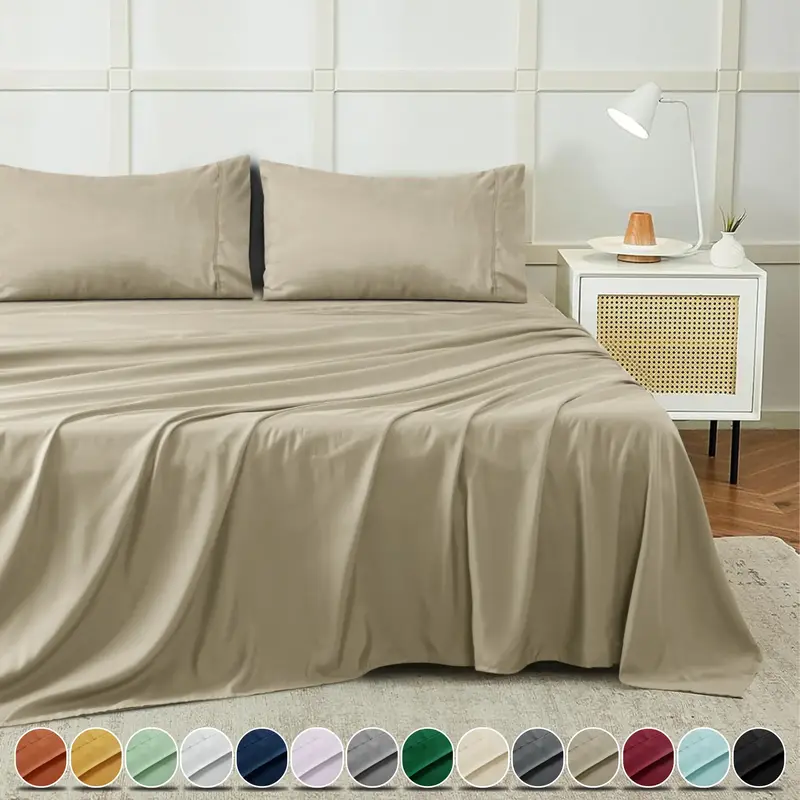 4 Piece Bed Sheets Set With Deep Pocket Fitted, Flat Sheet and Pillowcases Cooling Bedding Set Twin Full Queen King Sizes Sof...