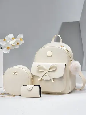 Women's Summer Trendy Solid Color Bag Set with Pom Pom Charm, Backpack Bags for Women, Bow Decor Pu Leather Backpack & Metal ...
