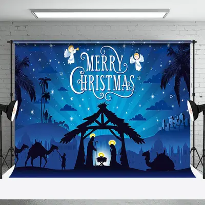 Aperturee Jesus Birth Blue Night Shed Merry Christmas Backdrop - Aperturee