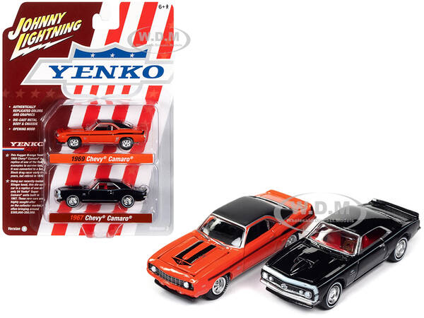 1969 Chevrolet Camaro Hugger Orange with Black Top and Stripes and 1967 Chevrolet Camaro Black with White Stripe and Red Inte...