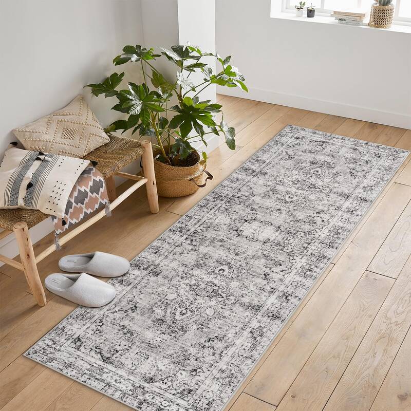 Garvee Washed Back Low Pile Area Rug for Living Room 2x6ft Non Slip Washable Carpet Grey