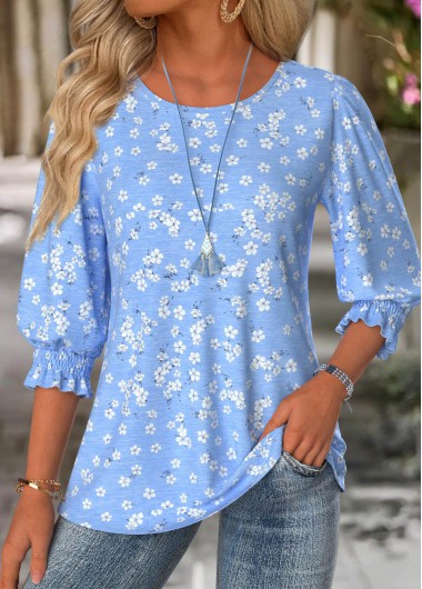 Modlily Blue Ditsy Floral Print 3/4 Sleeve Round Neck Blouse - XXL