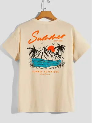 Men's Landscape & Letter Print Drop Shoulder Tee, Casual Stylish Streetwear Round Neck T-shirt for Daily Wear, Graphic Tees ...