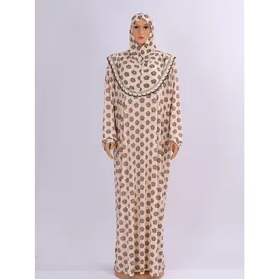 Elegant Muslim Abaya - Long Sleeve, Beige with Floral Print, Ruffle Neckline, Loose Fit, All-Season Dress for Big & Tall, All...