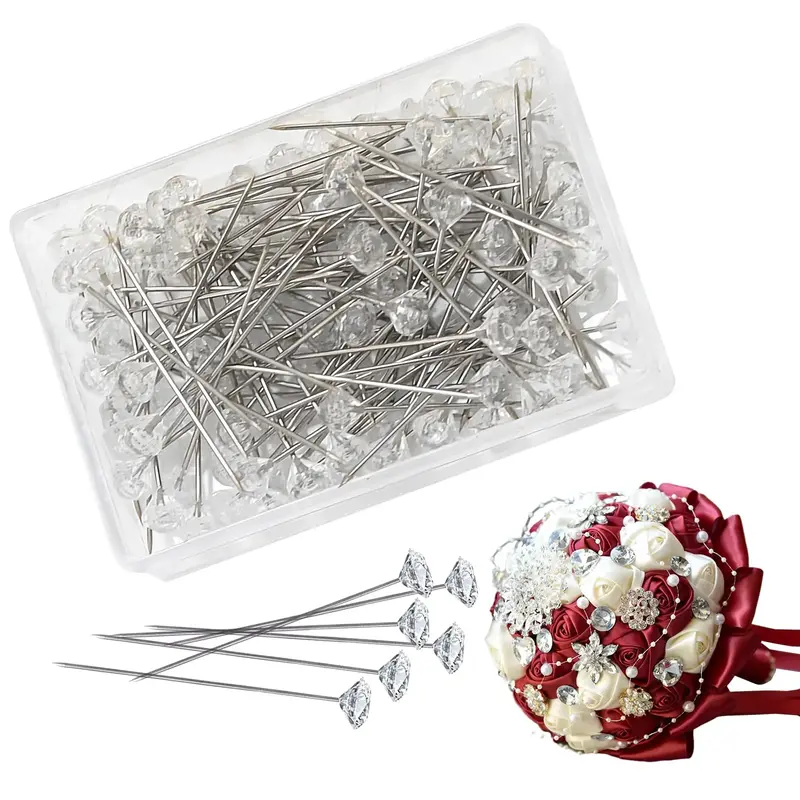 Flower Bouquet Pin, 100pcs Imitation Diamond Transparent Straight Pin, Suitable for Wedding Bridal Bouquet, Jewelry, Hair Acc...