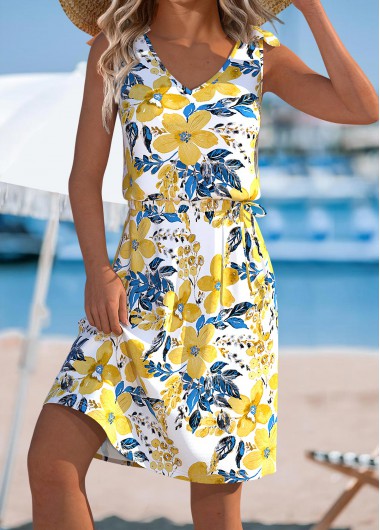 Modlily Multi Color Floral Print Sleeveless V Neck Dress - S