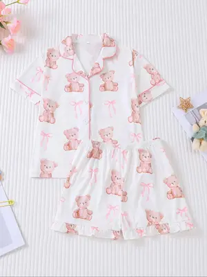 Girl's Cartoon Bear Print  Shirt  &  Shorts  Pyjama Two-piece Set, Cute Comfy Short Sleeve Top & Shorts Pj Set, Kids Sleepwea...