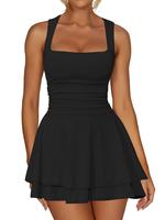 Kaximil Women's Square Neck Ruffle Hem Mini Dress Ruched Waist Short Party Dresses Tank Top Bodycon Sleeveless Breathable Wom...