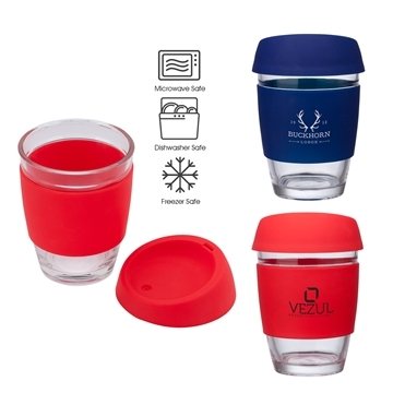 48 Promotional Rizzo Perka 12 oz Glass Mug w/ Silicone Grip & Lid ...