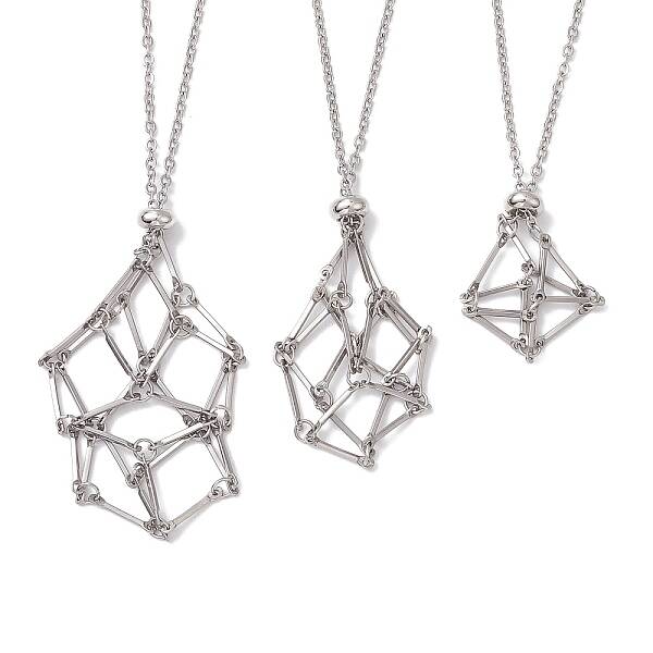 3 Pcs 201 Stainless Steel Crystal Stone Cage Pendant Necklaces