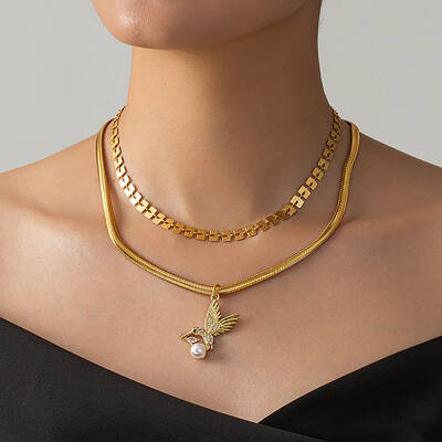 Vintage Brass Micro Pave Clear Cubic Zirconia Bird Pendant Double Layer Necklaces for Women