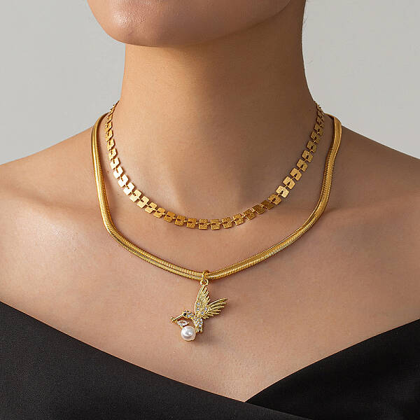 Vintage Brass Micro Pave Clear Cubic Zirconia Bird Pendant Double Layer Necklaces for Women