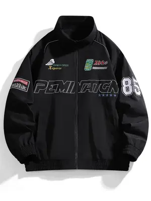 Men's Letter & Figure Embroidered Zip Up Jacket, Regular Fit Casual Pocket Funnel Neck Outerwear for Spring & Fall, Fashion M...